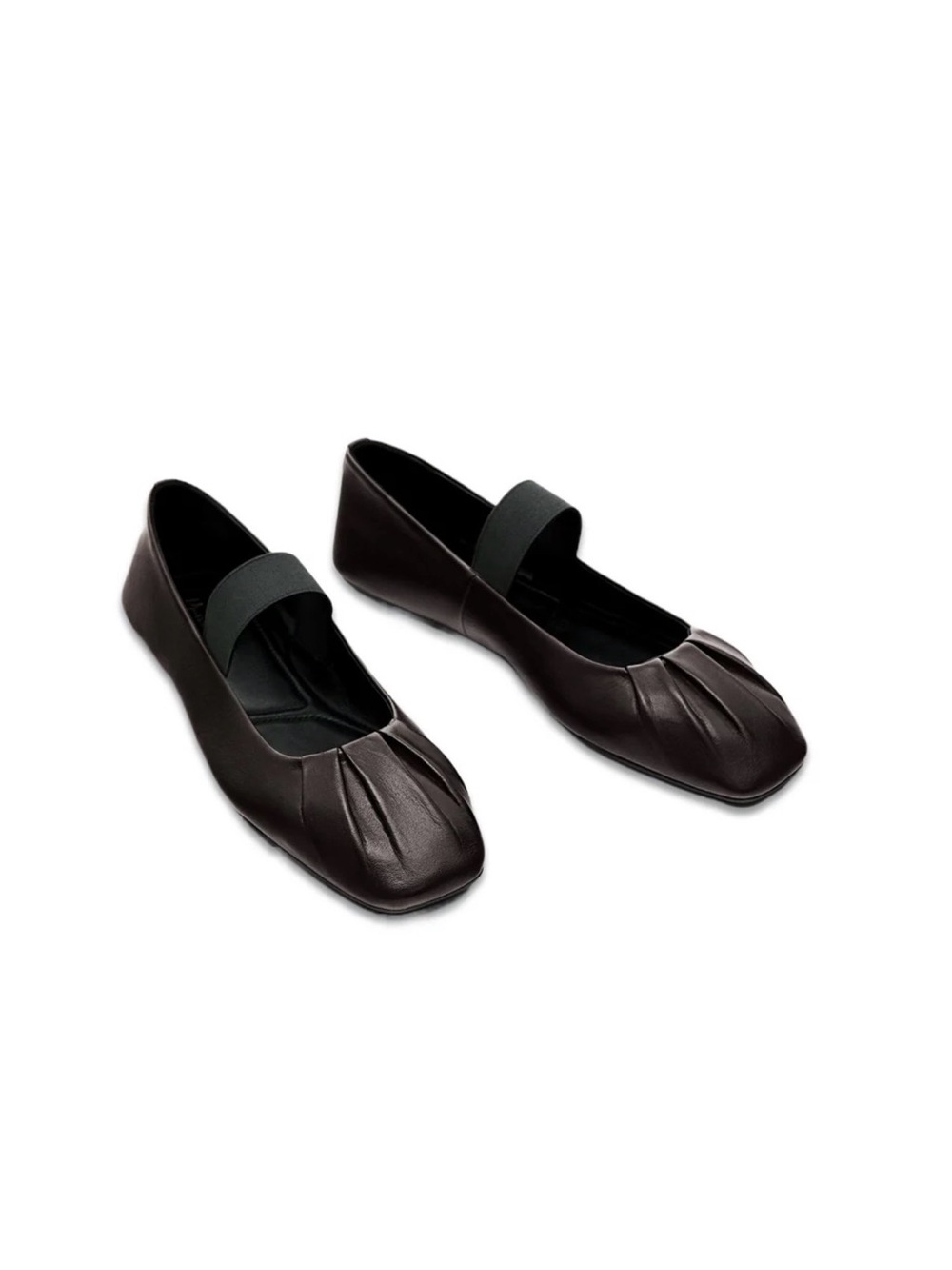Massimo Dutti Dark Brown Gathered Leather Mary Jane Ballet Flats